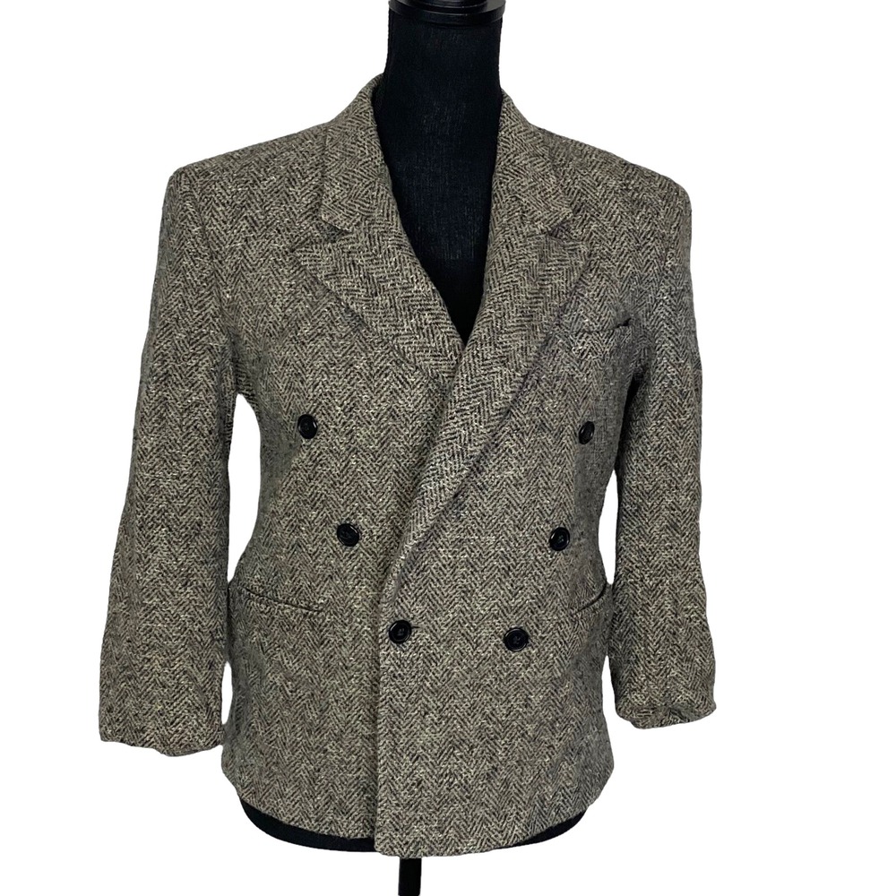 FIRENZA Women Husky Wool 3/4 Sleeve Herringbone Pattern Blazer Sz S Gray 51-21